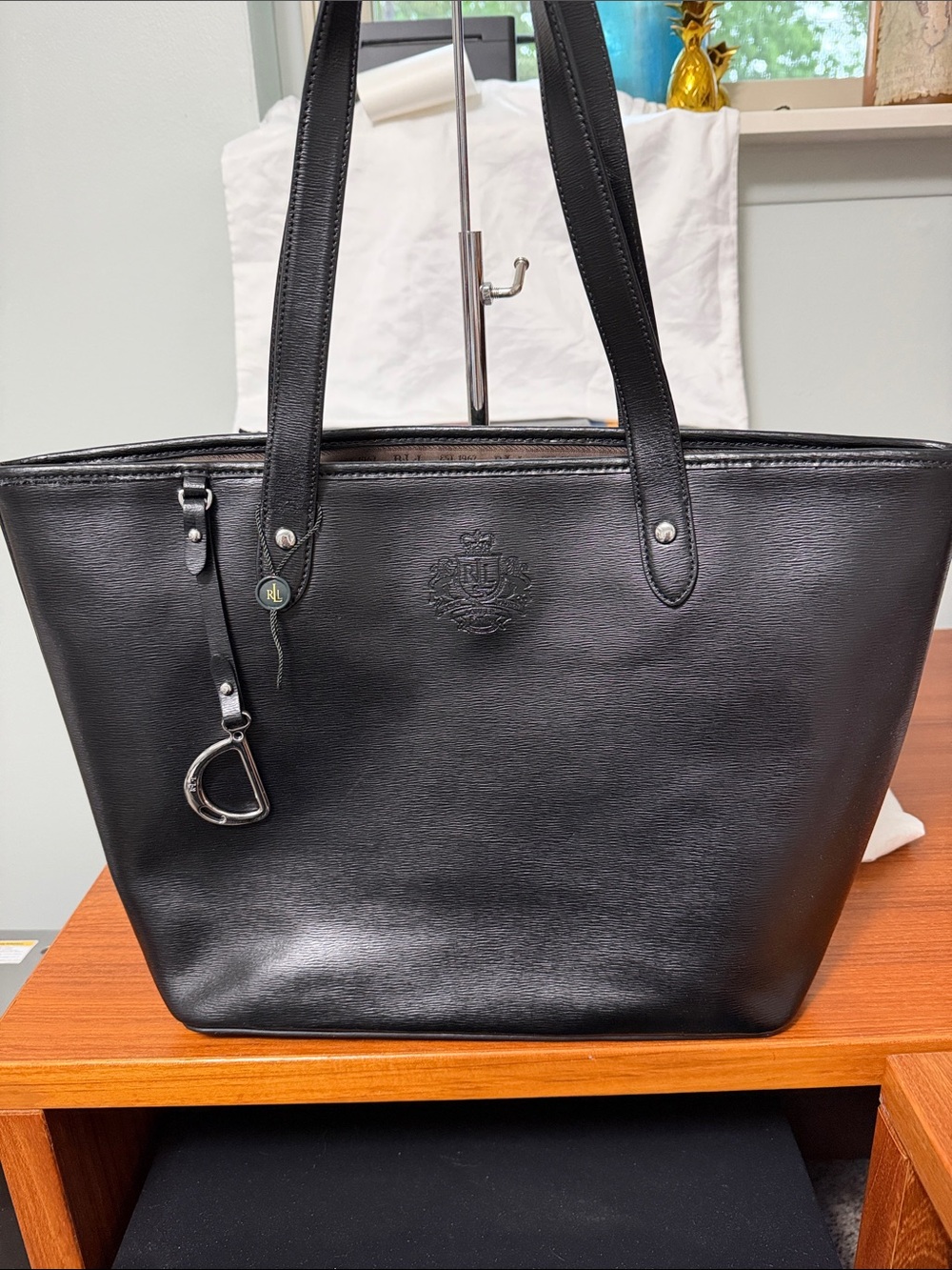 Ralph Lauren Black Leather Tote with Crest Charm